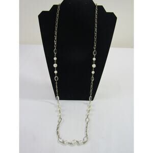 Gold Tone Chain Link Faux Pearl VTG Necklace VTG 34" Whimsical Stations Bead